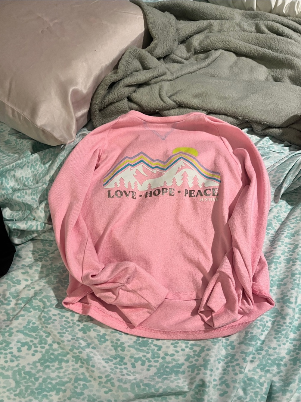 Justice Pink Fleece Sweatshirt with Mountain 'Love Hope Peace' Graphic